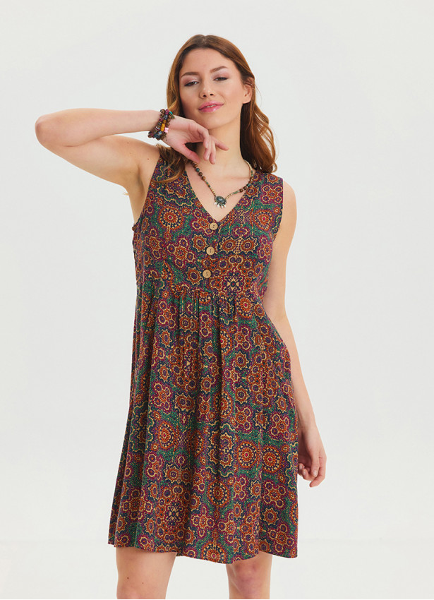 V Neck Button Detail Sleeveless Green Midi Dress 4576